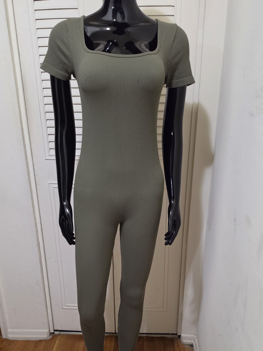 Ribbed Short-Sleeve Jumpsuit in Olive